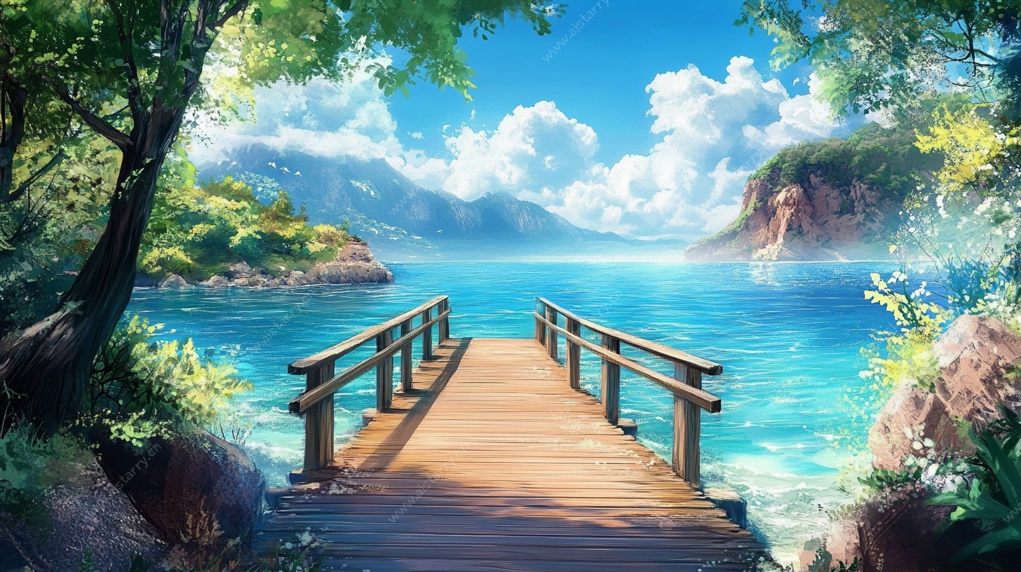 梦幻海滨木桥风景图