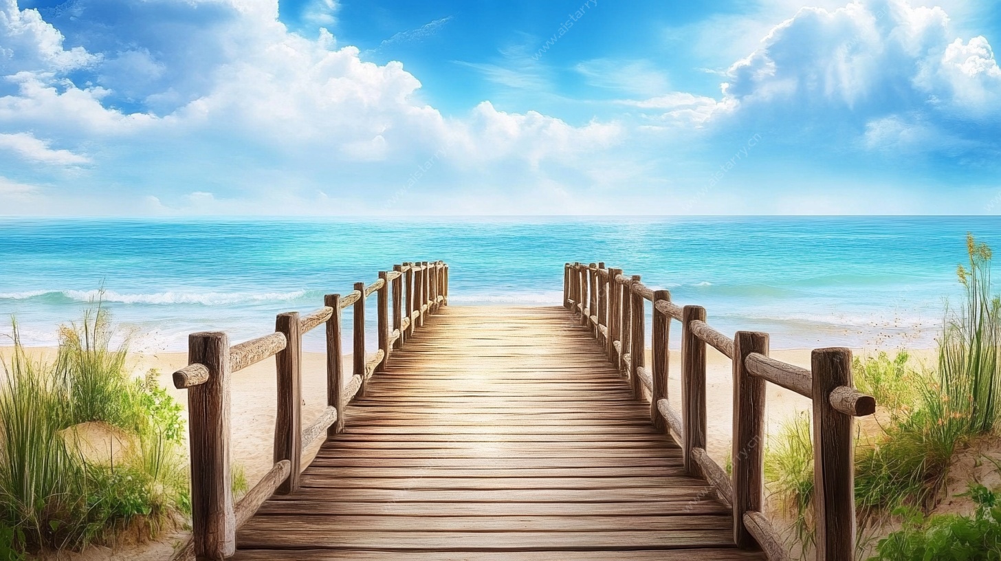 海边木栈道通向蔚蓝大海