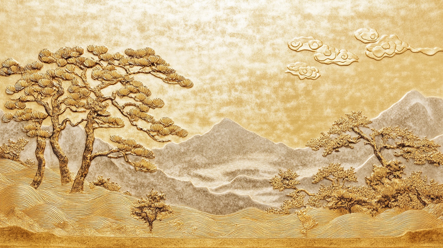 金色山水松树浮雕背景图