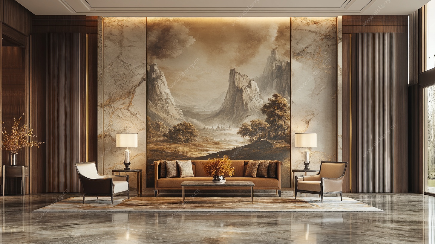 豪华客厅中式山水壁画装饰