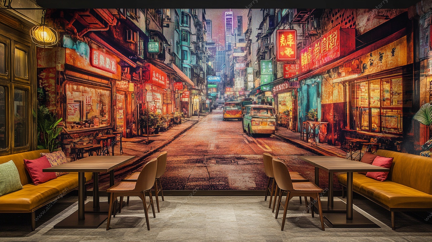 复古港式街头风餐厅背景墙