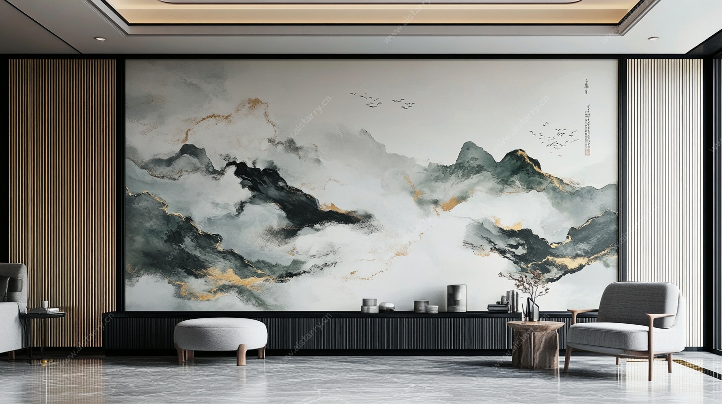 新中式客厅水墨山水背景墙