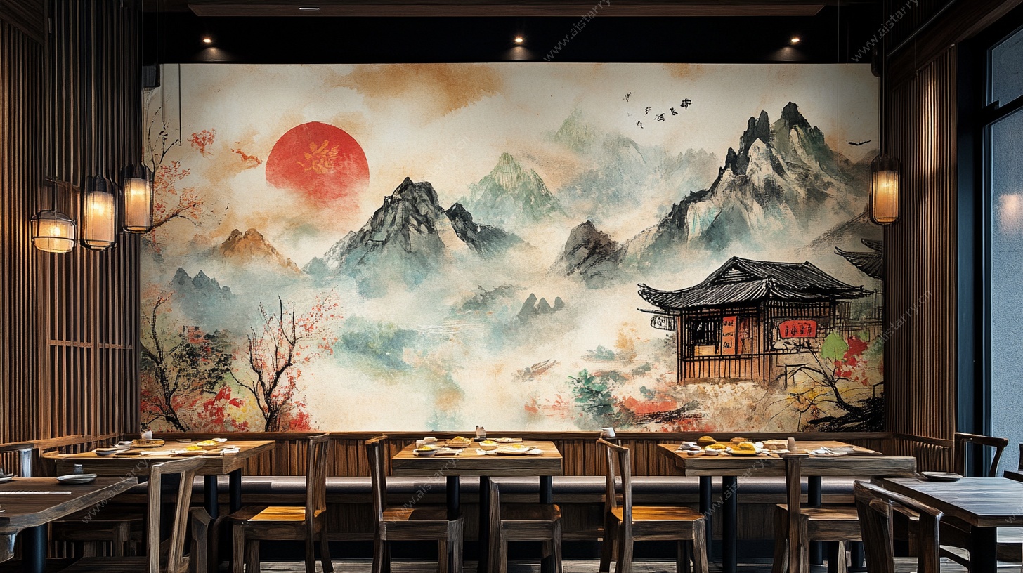 中式餐厅山水壁画装饰
