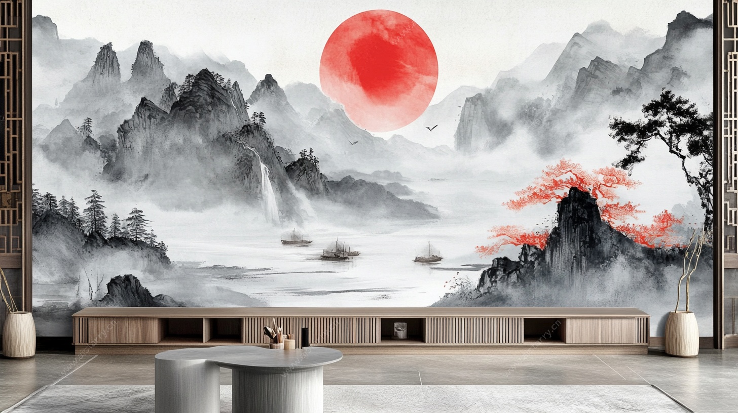 中式水墨山水红日背景墙