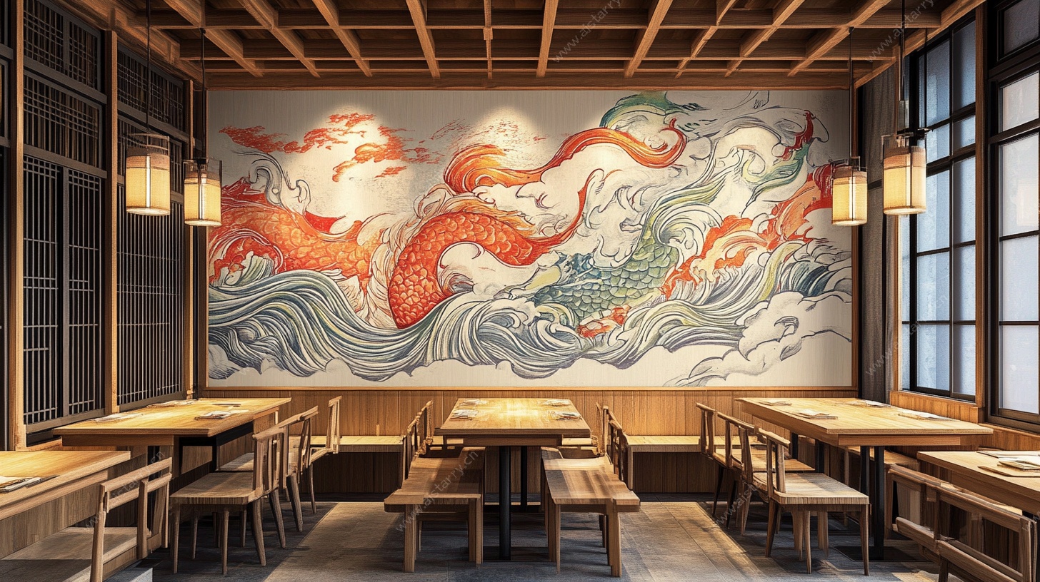 日式餐厅内的精美鲤鱼壁画