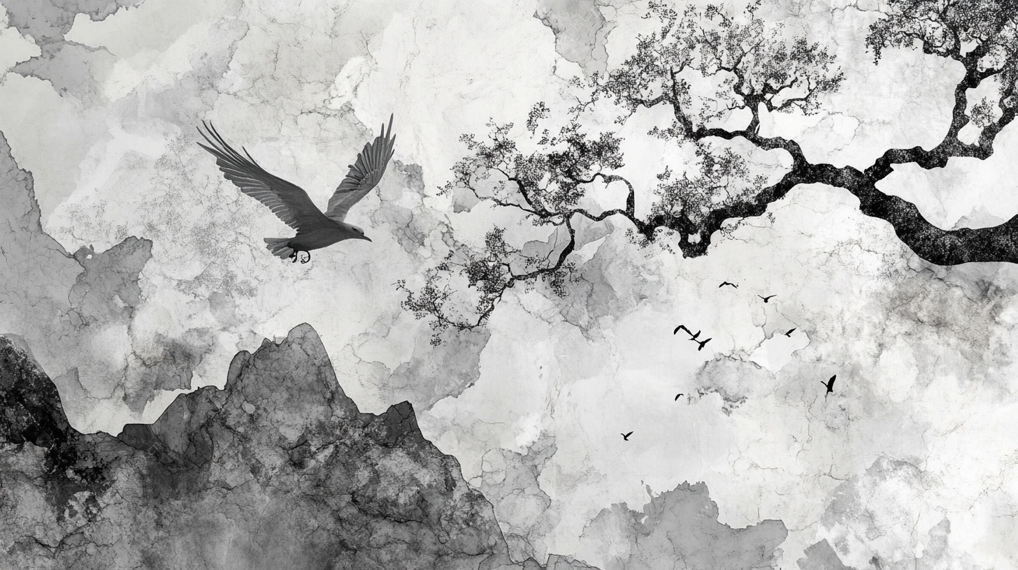 水墨山水间飞鸟图