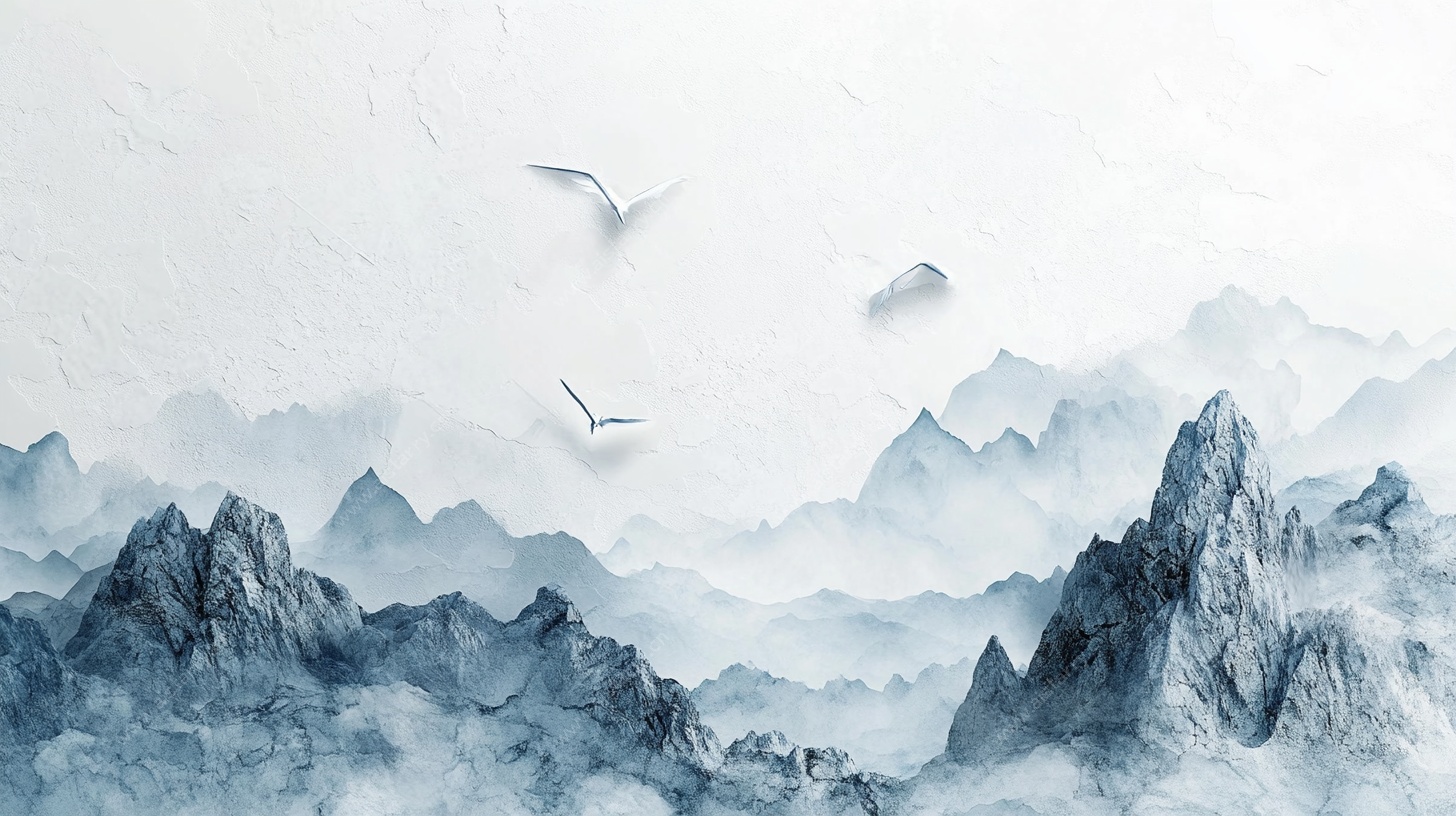 水墨山川飞鸟意境图