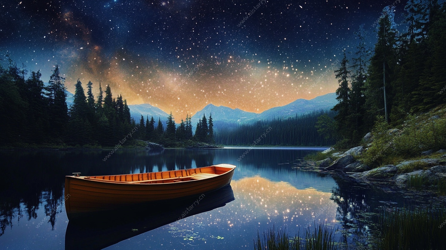 湖畔星空下的静谧小船