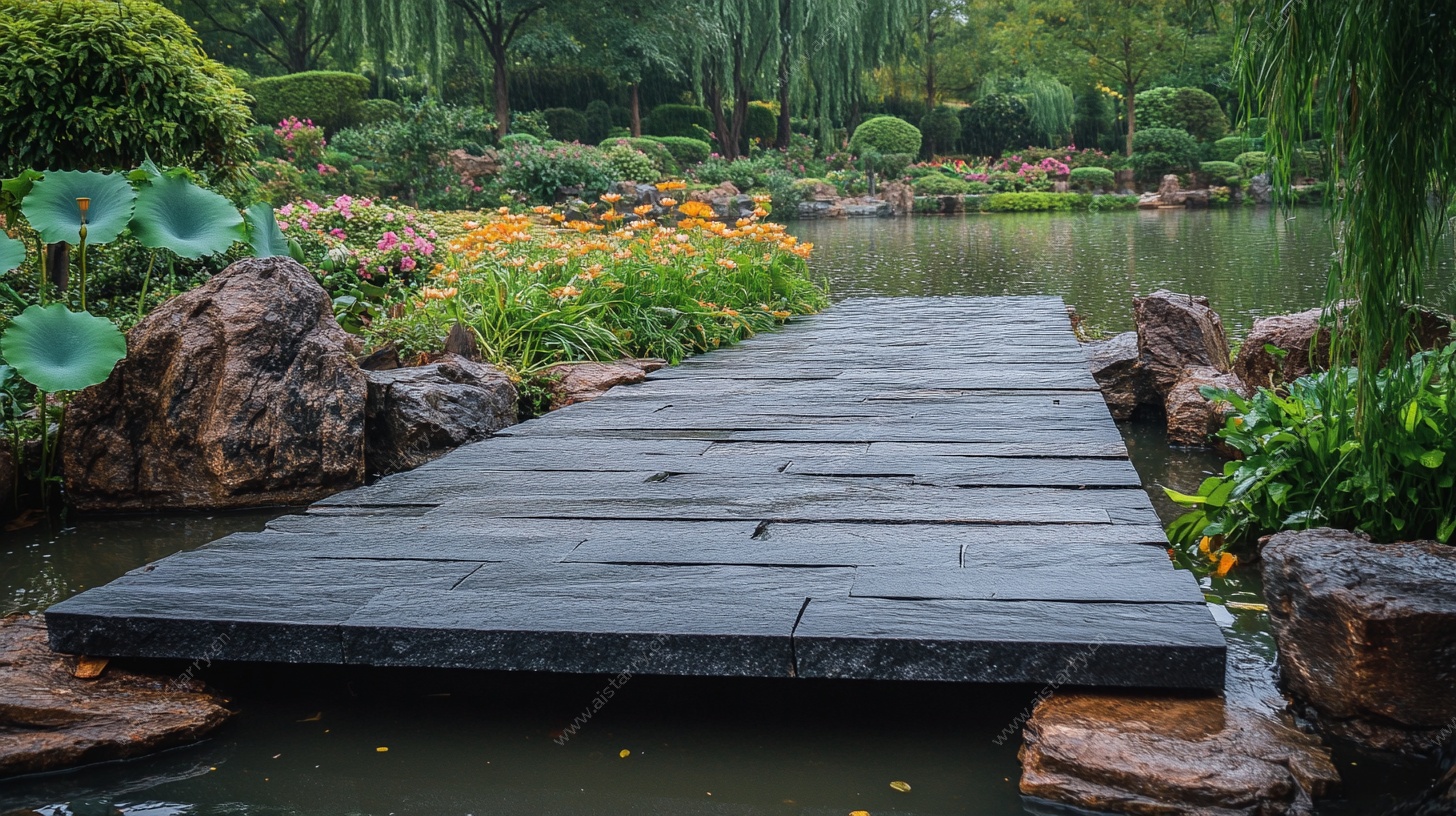 中式园林木桥湖畔景致