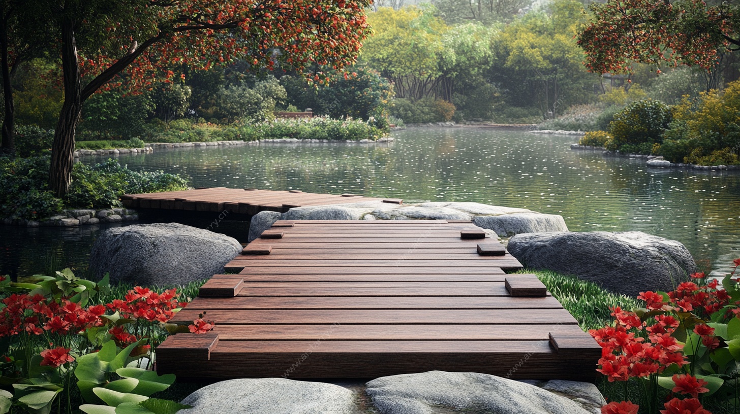 湖畔木桥诗意自然景观
