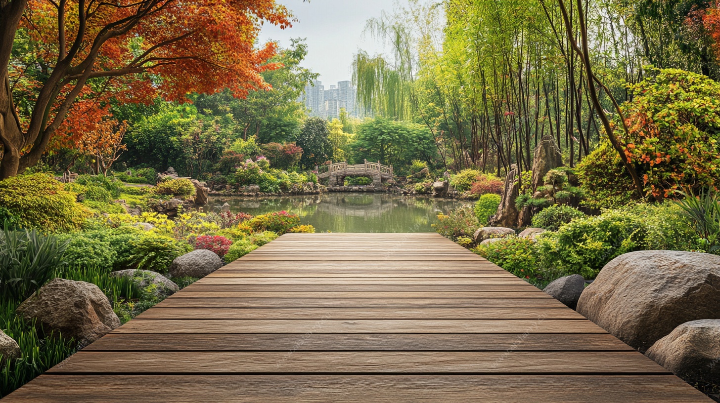 宁静木质步道的园林景致