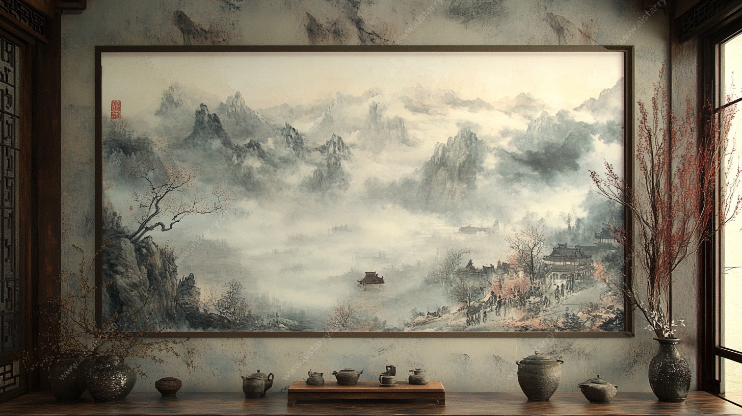 中式客厅中的山水墨画