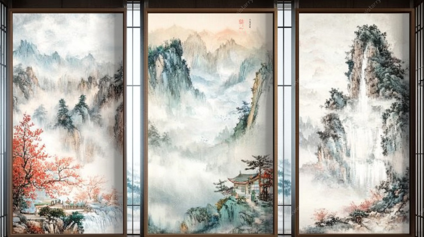 三联水墨山水屏风画
