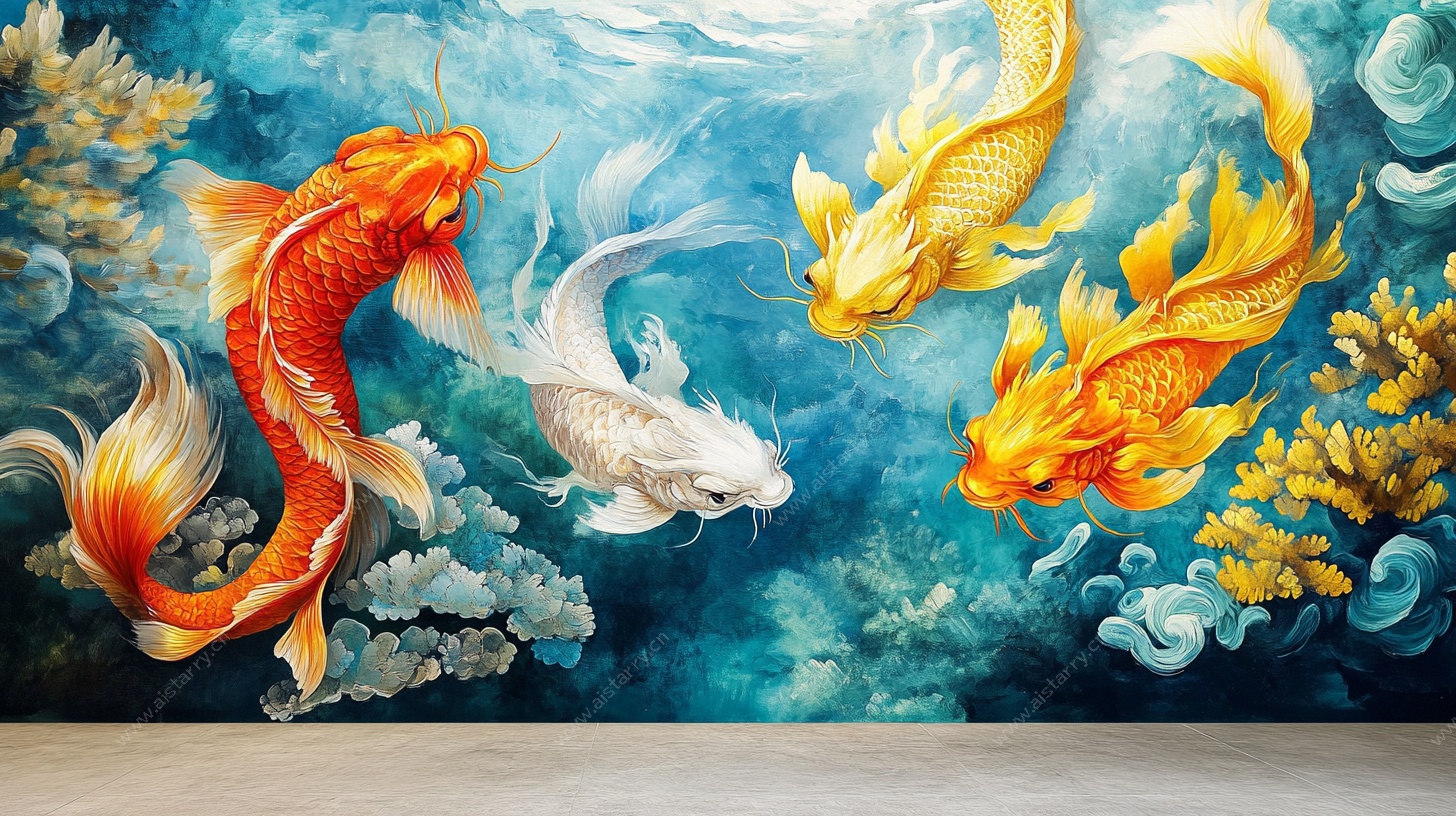 中式九鱼图墙绘艺术作品