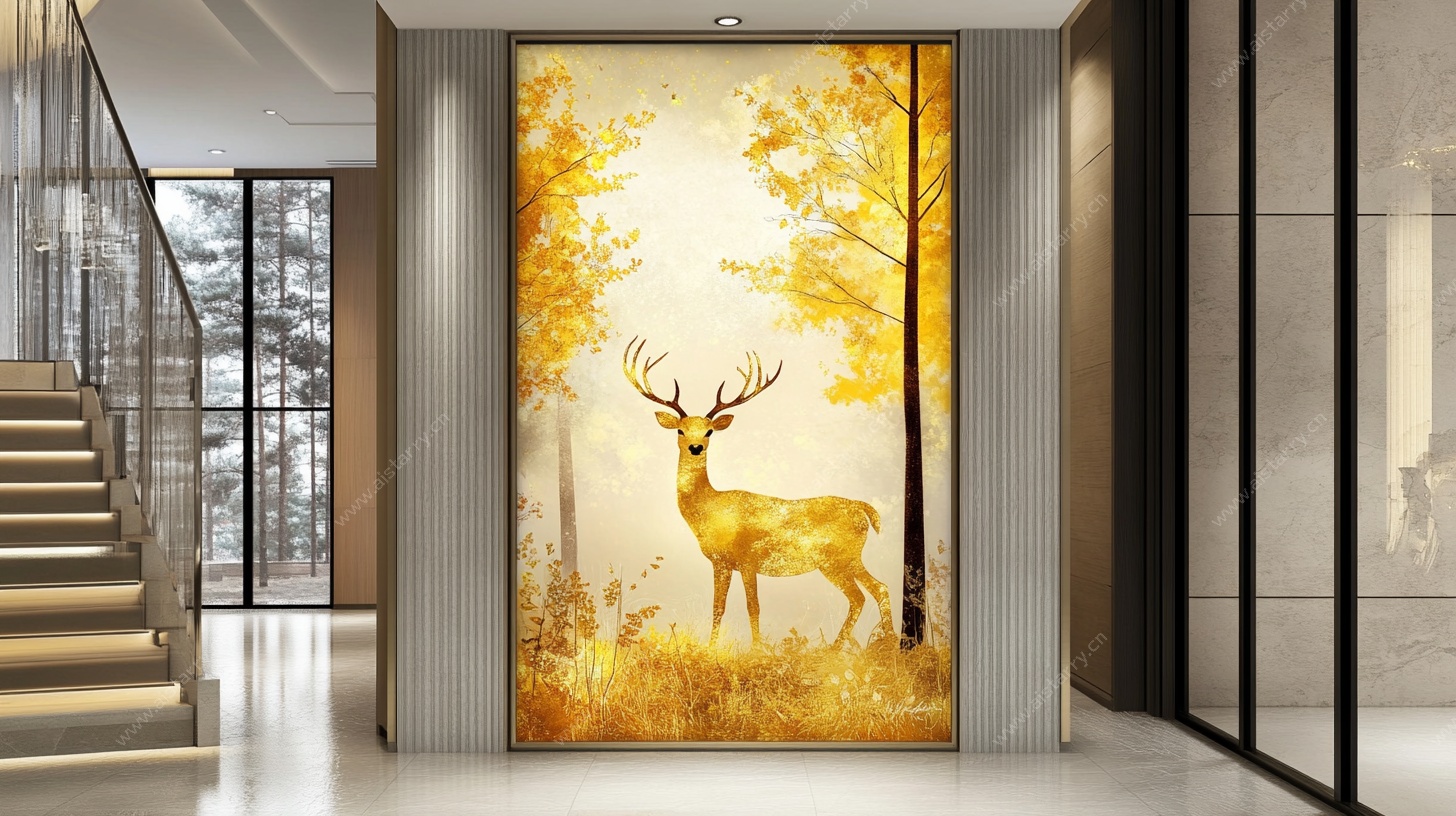 玄关处的金色麋鹿艺术画