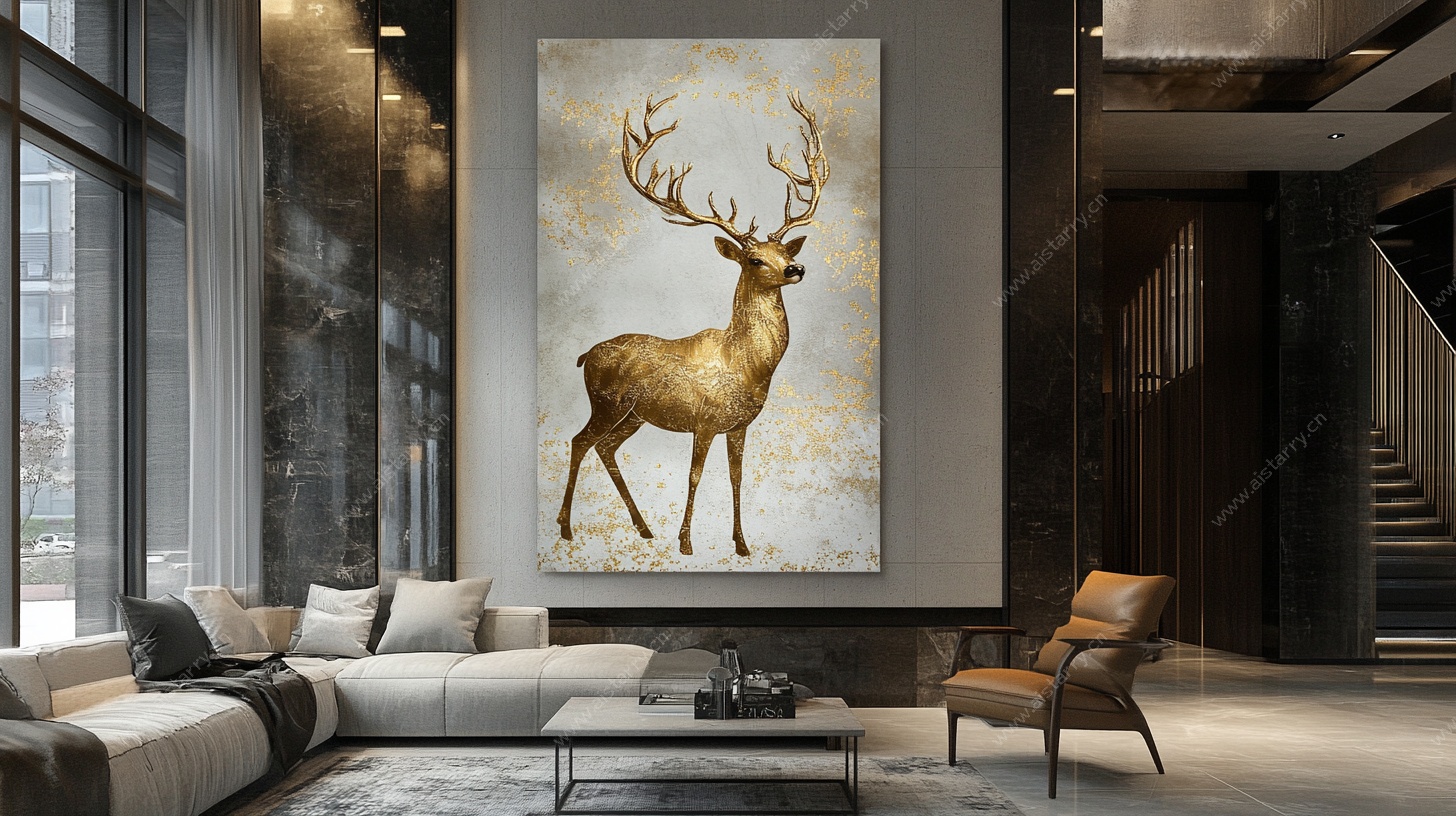 客厅中金色麋鹿艺术挂画