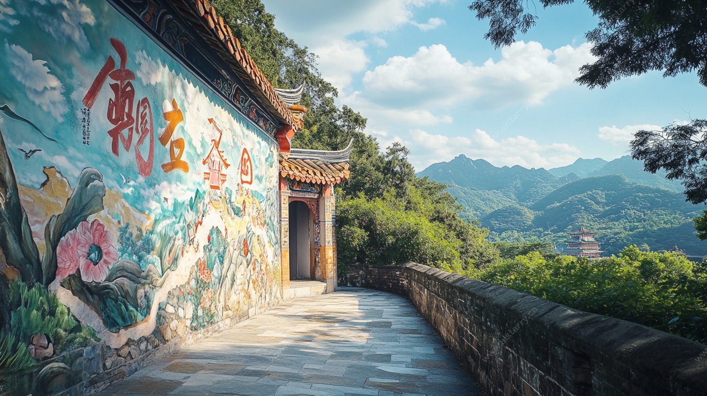 古寺彩绘旁的山水景致