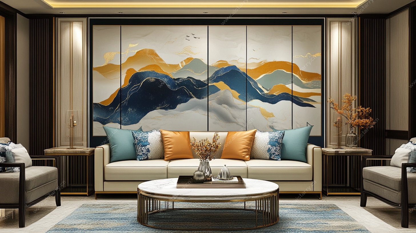 现代中式风客厅山水壁画