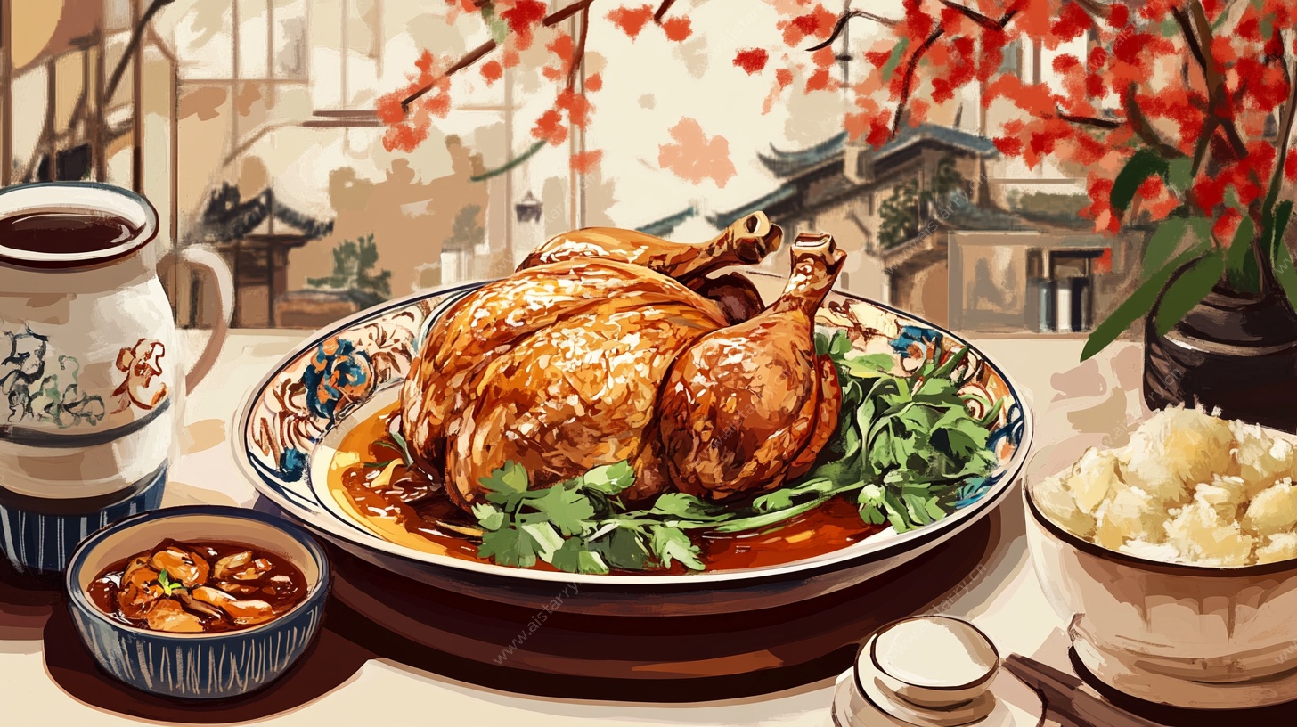 中式餐桌美味烤鸡佳肴