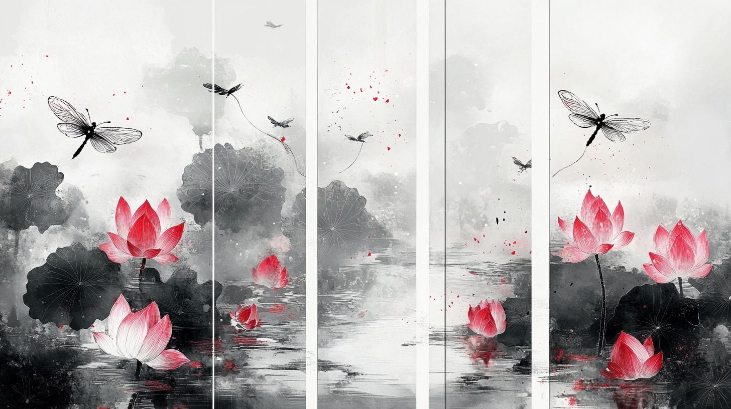 水墨荷花蜻蜓四幅屏画