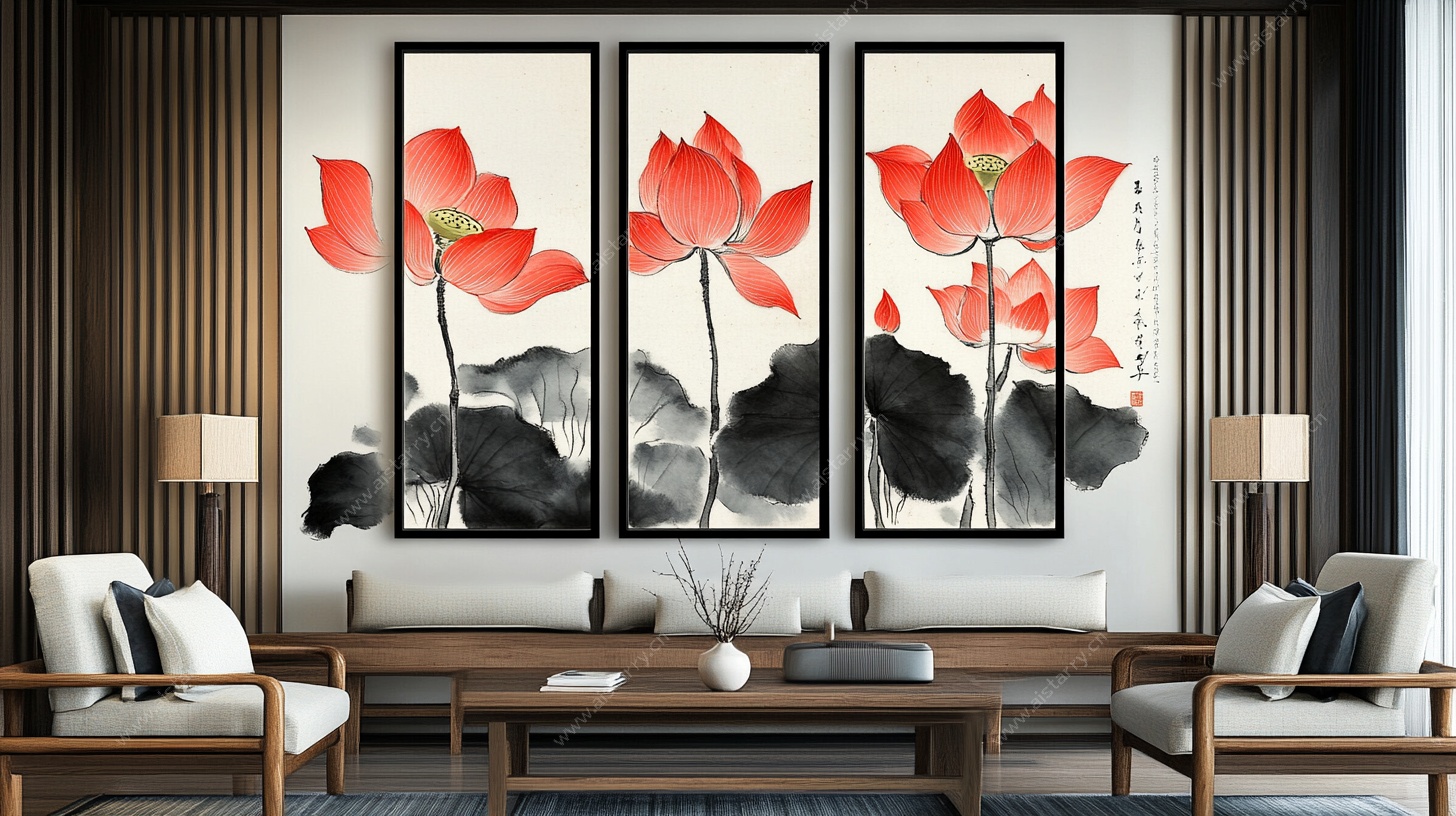 中式客厅三联荷花装饰画