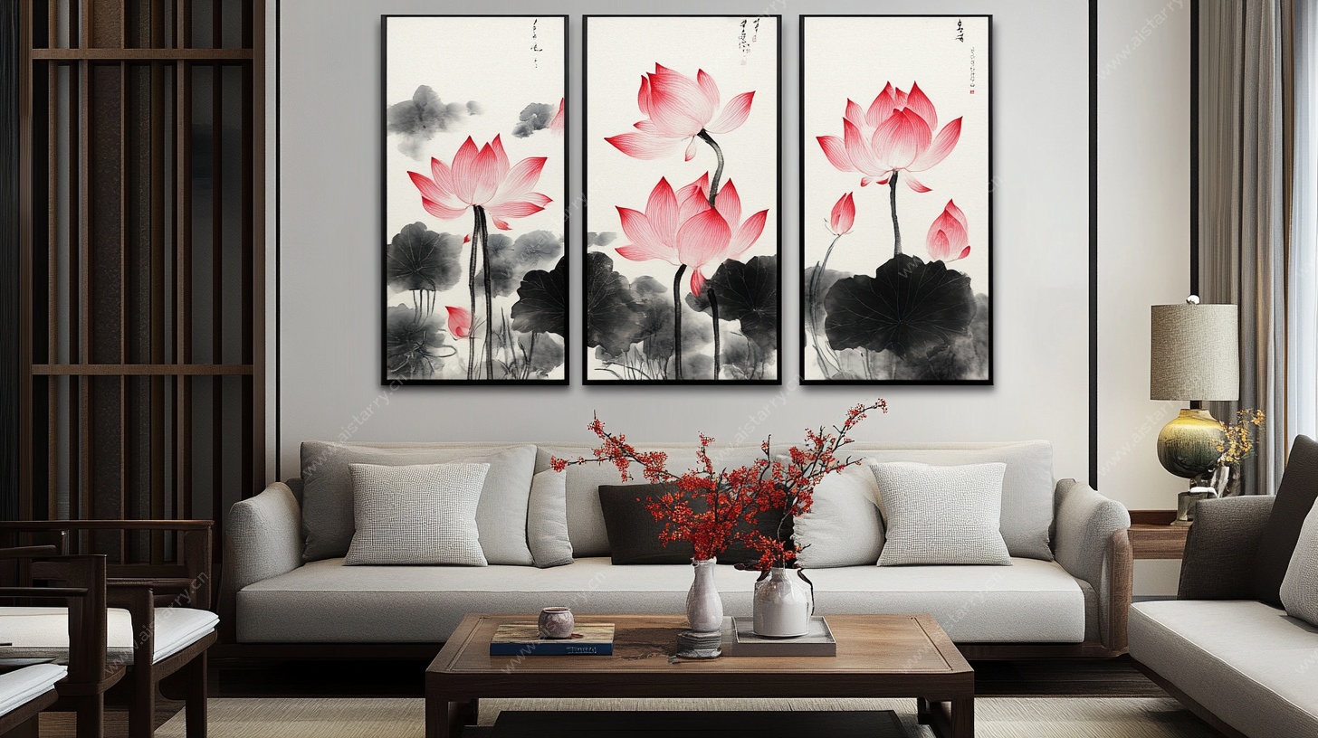 中式客厅三联荷花装饰画