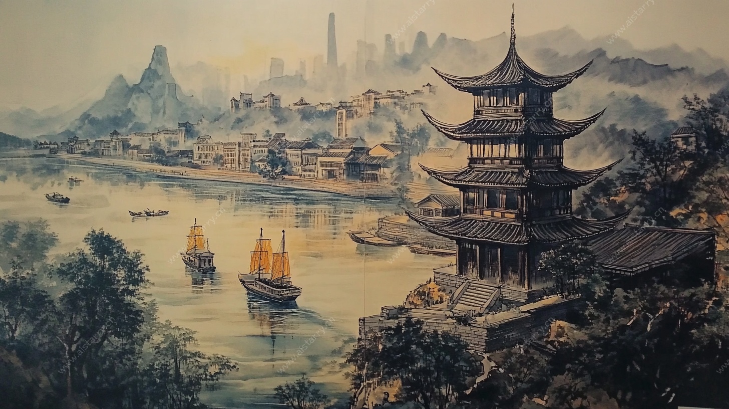 江南水乡古风楼阁风景画