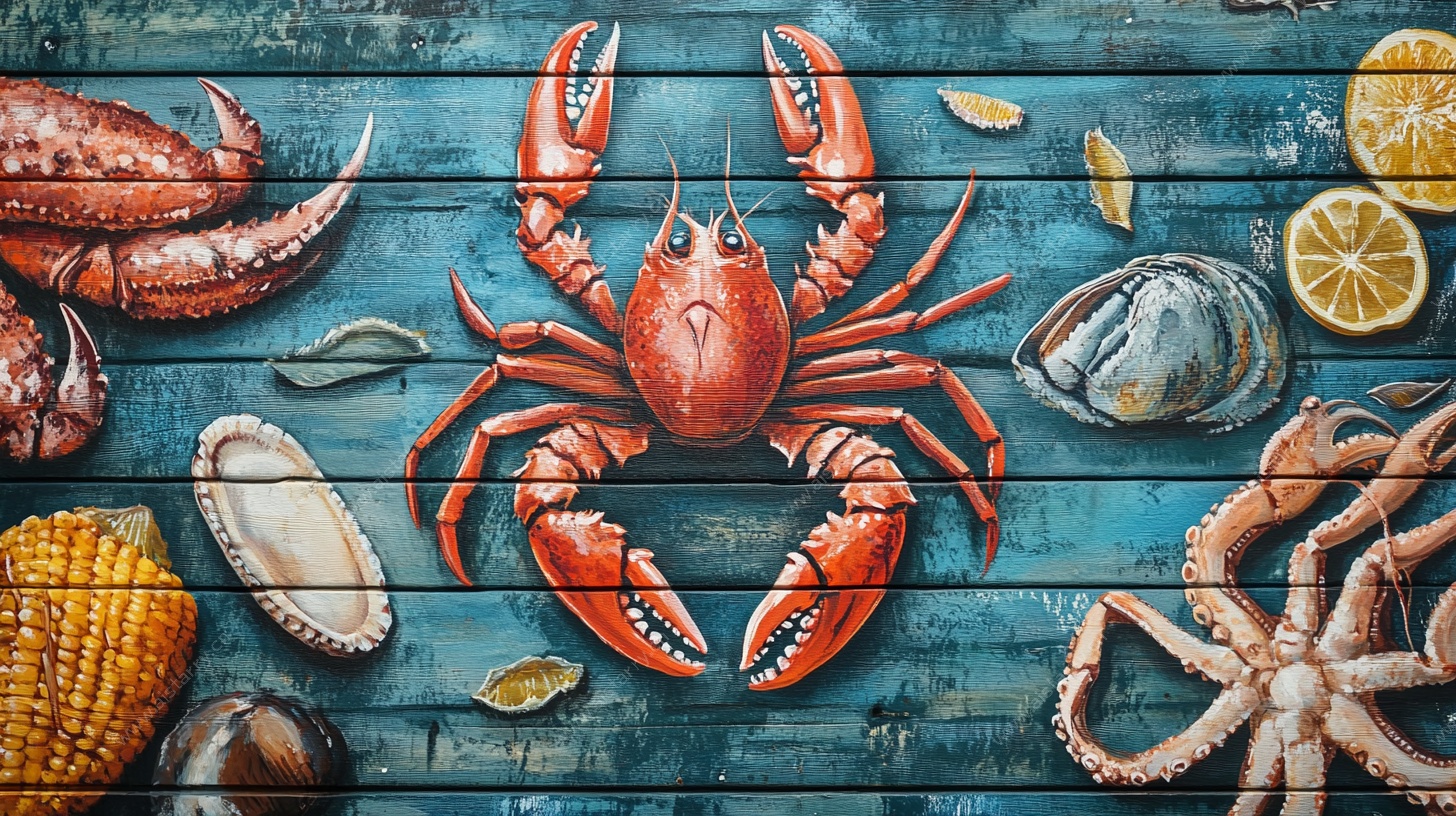 蓝色木桌上的多彩海鲜盛宴
