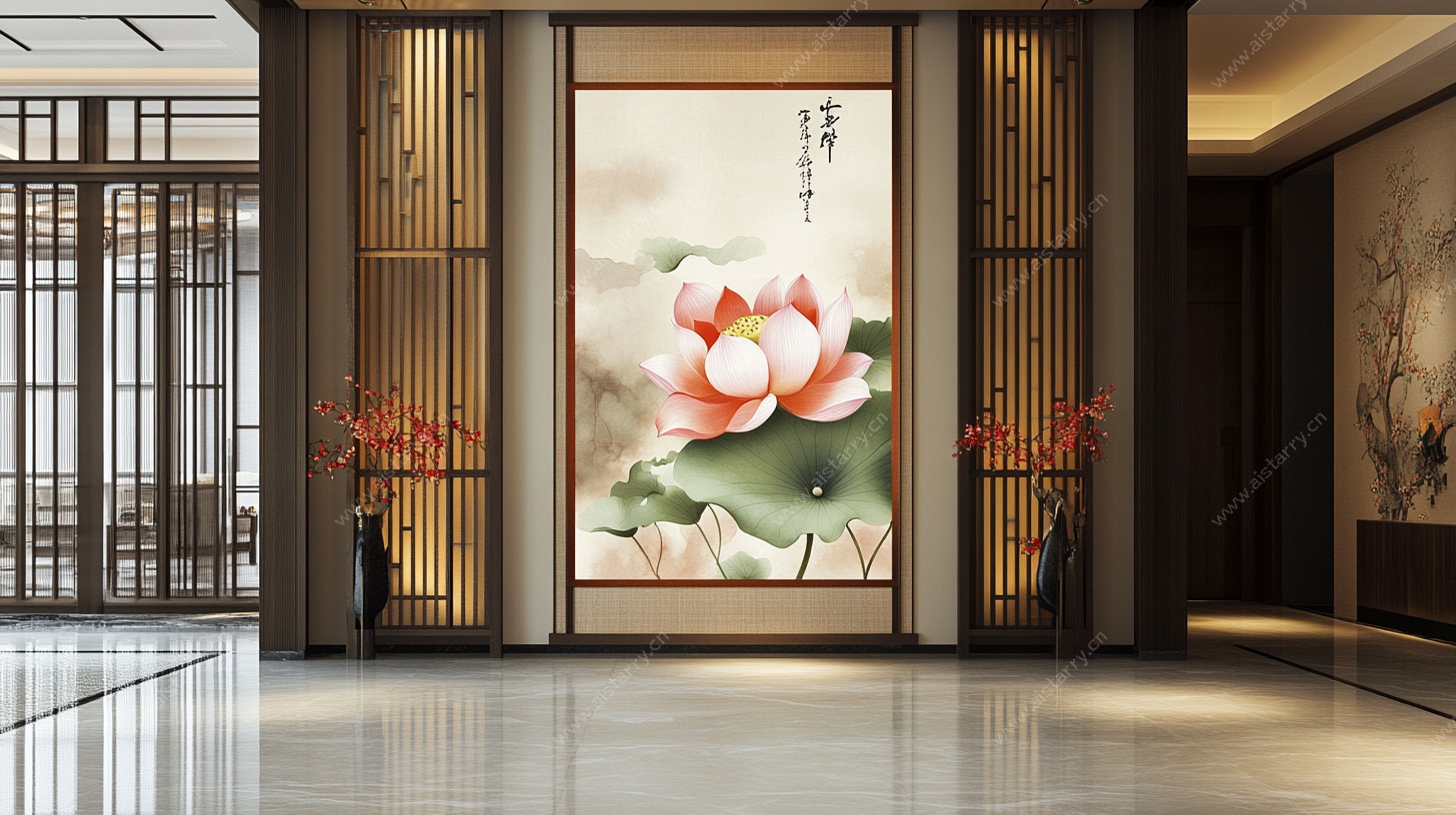 中式玄关荷花装饰画场景