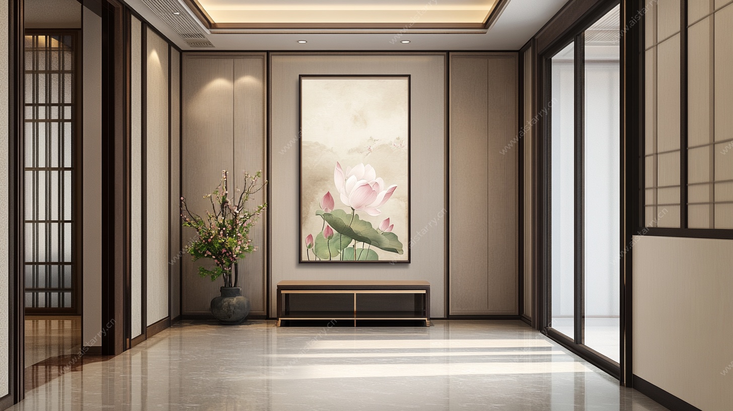 中式玄关荷花挂画装饰空间