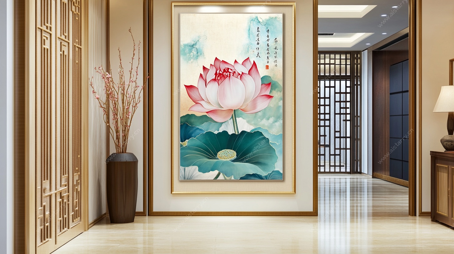 中式玄关荷花装饰画