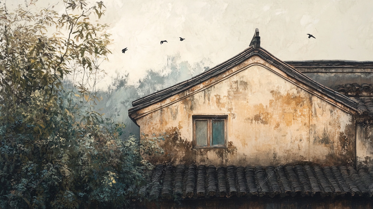 古朴老房与飞鸟的静谧画面