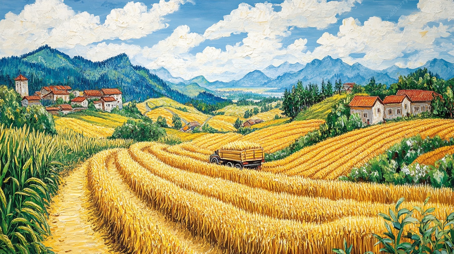 田园丰收景象油画风景图