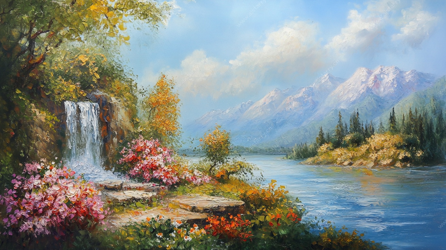 山间瀑布繁花风景油画