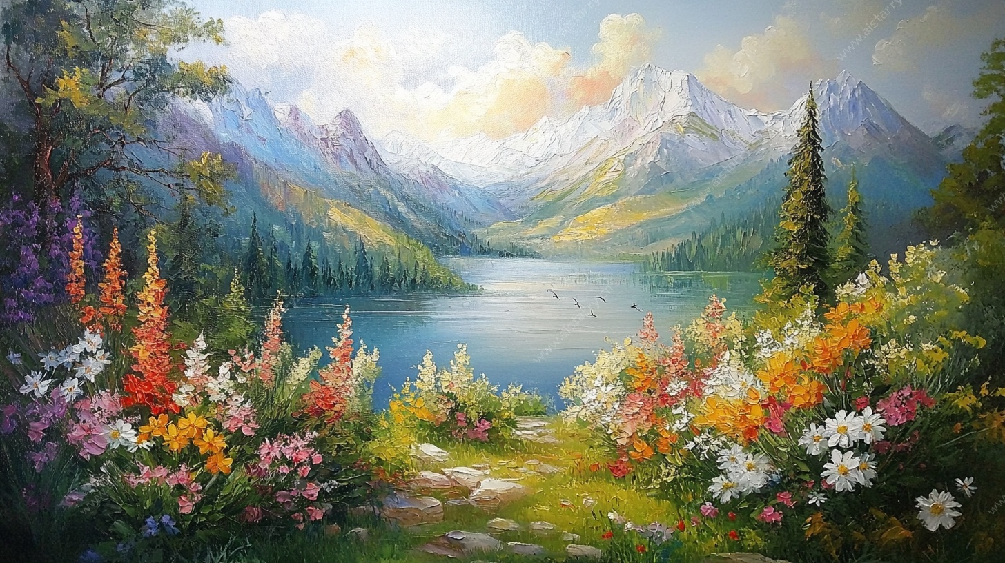 山间湖畔的多彩花卉美景