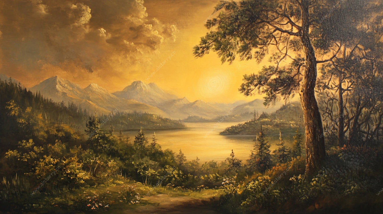 湖畔山林间的落日美景