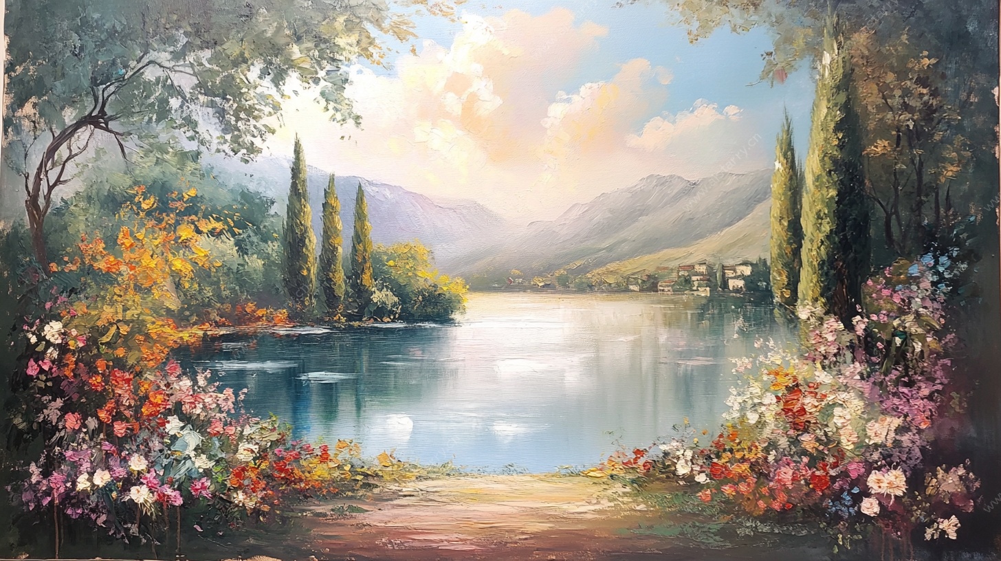湖畔花卉风景油画