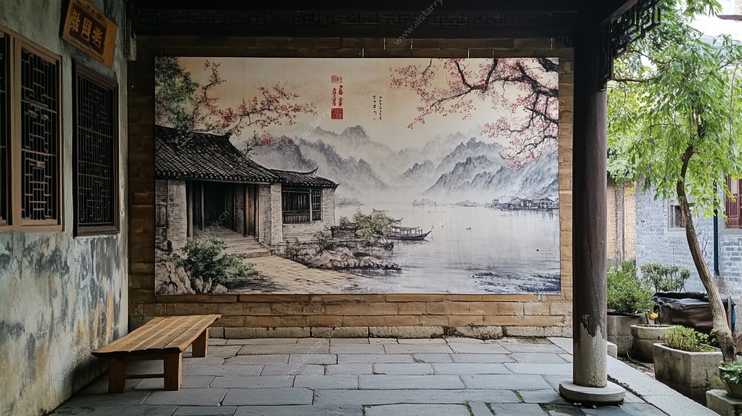中式庭院壁画风景一角