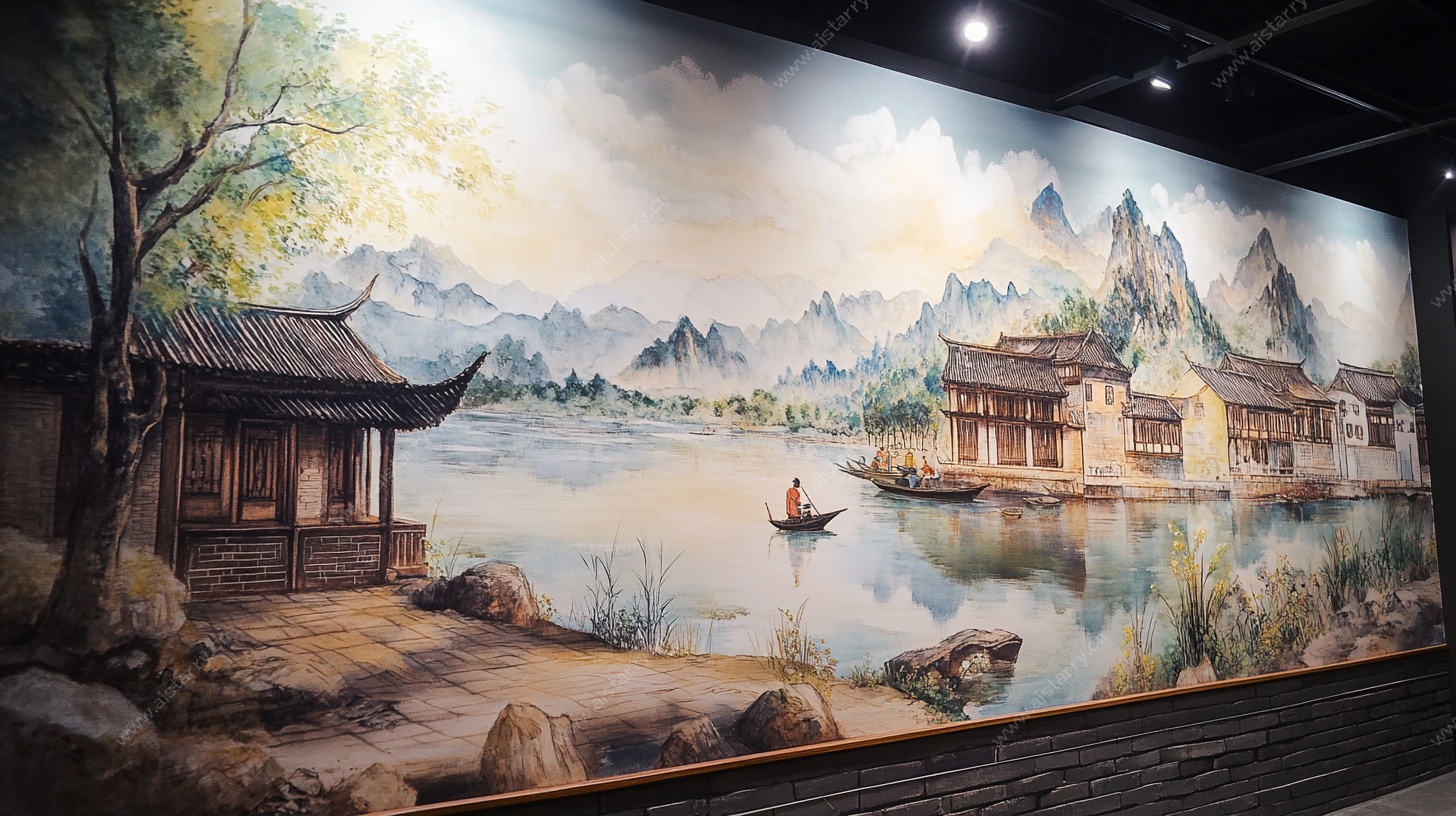 中式山水壁画 意境悠远