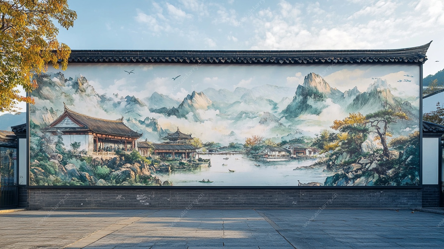 中式山水壁画墙面景观