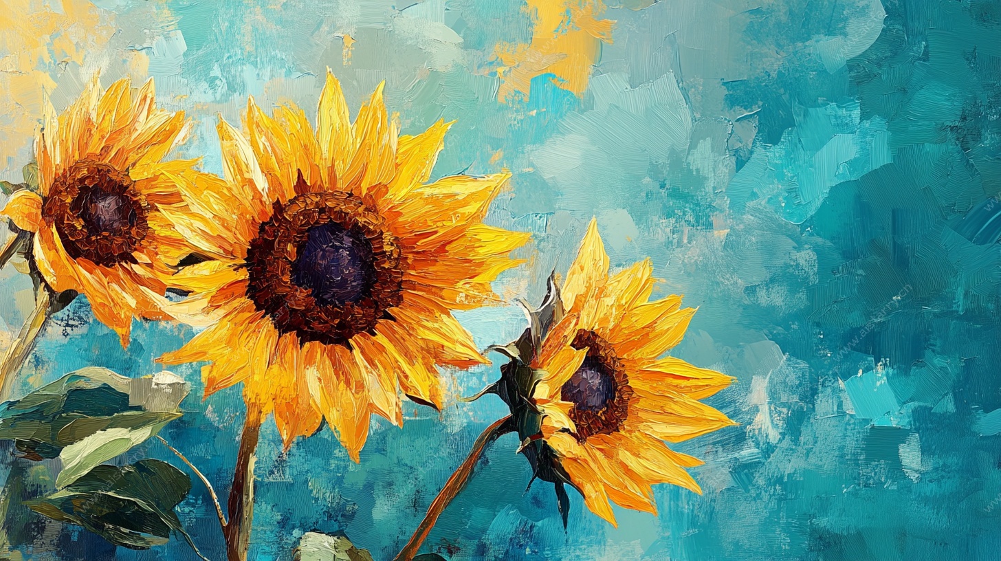 三朵向日葵油画