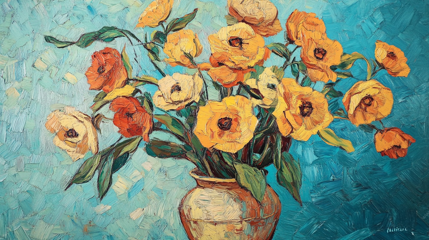 花瓶中的绚烂花卉油画