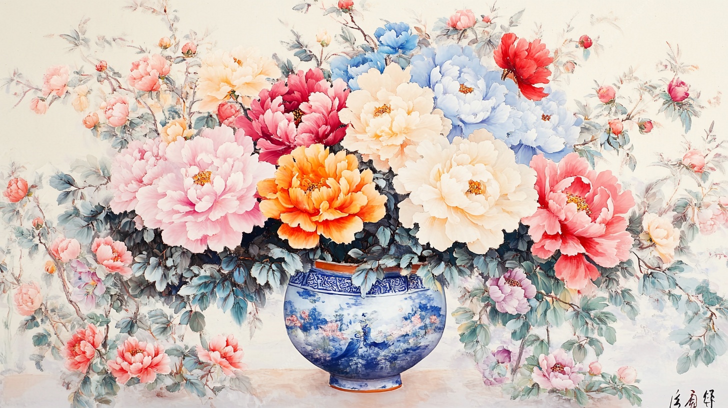 青花瓷瓶插满绚丽花卉