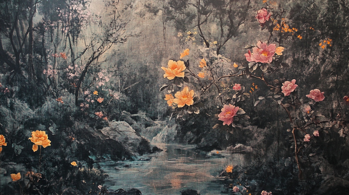 溪边繁花丛林风景画