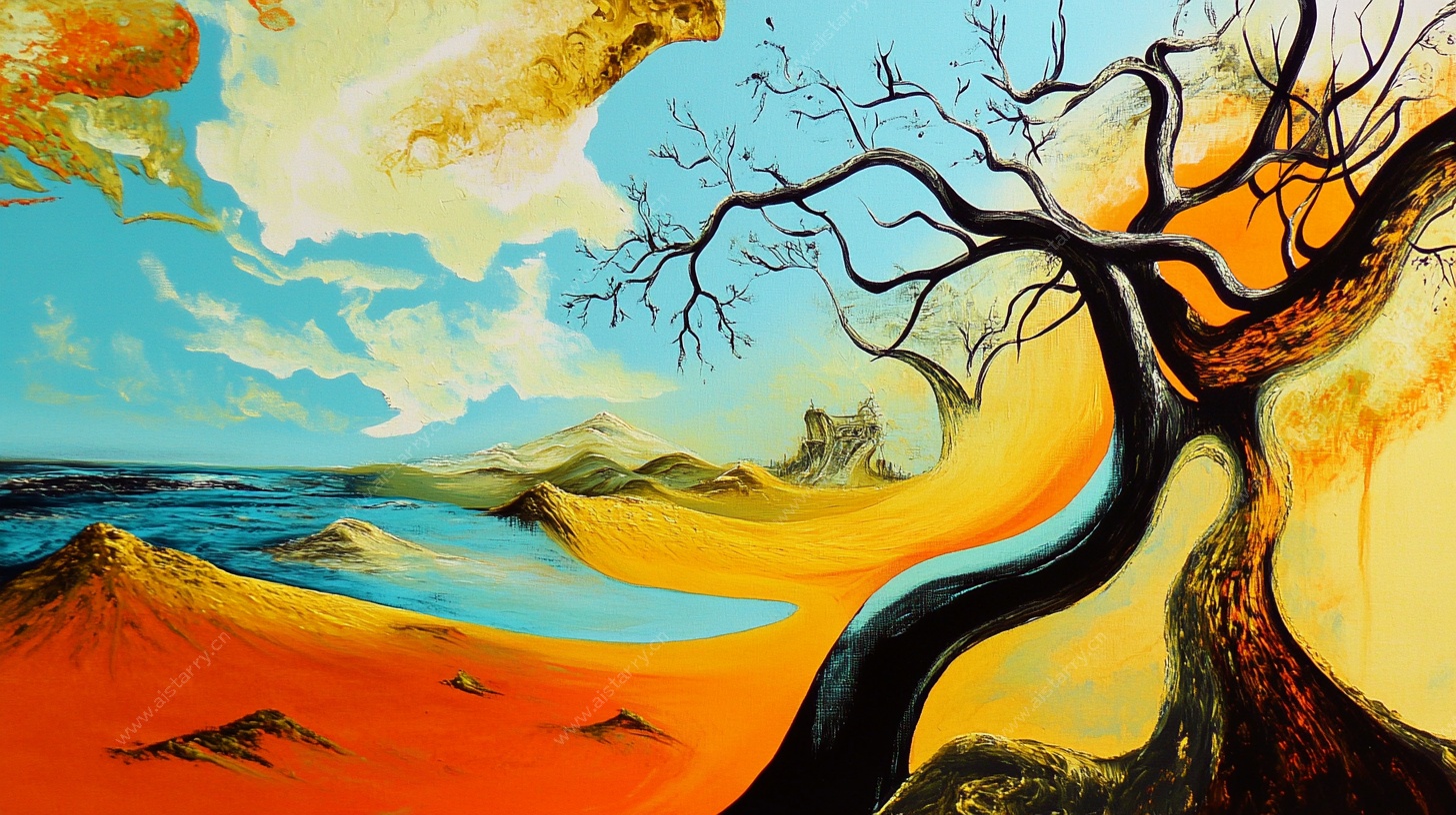 奇幻沙漠枯树海景画作