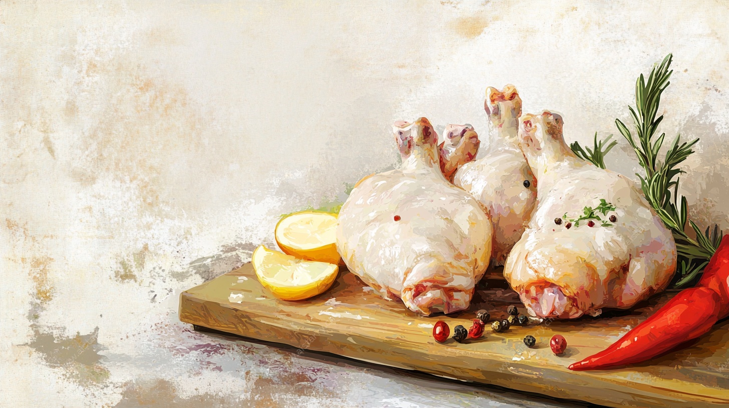 新鲜生鸡腿配香料和蔬果