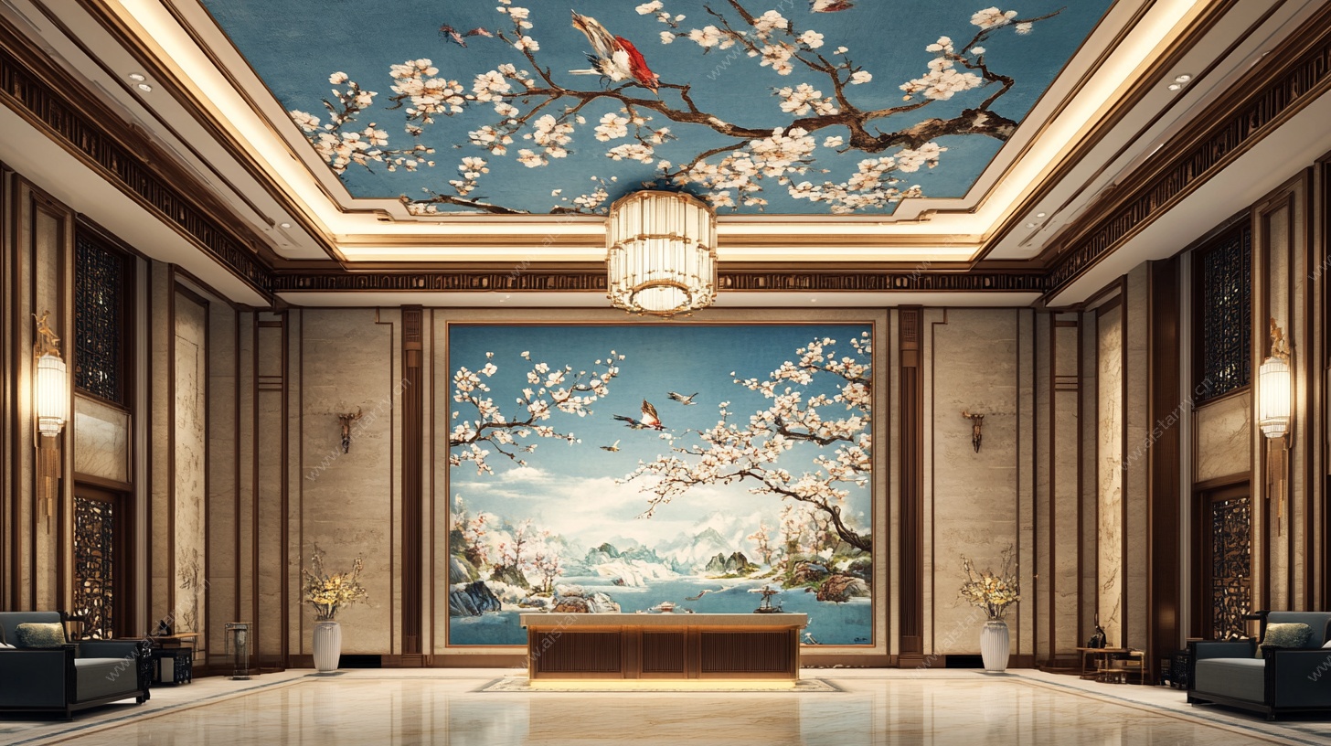 中式大厅 花鸟壁画典雅空间