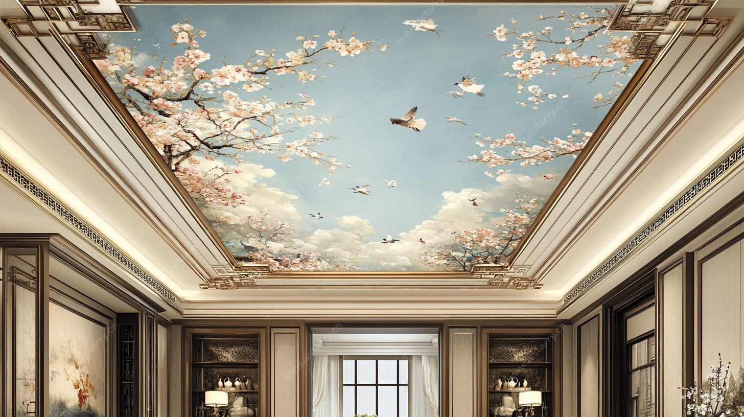 中式天花板花鸟壁画设计