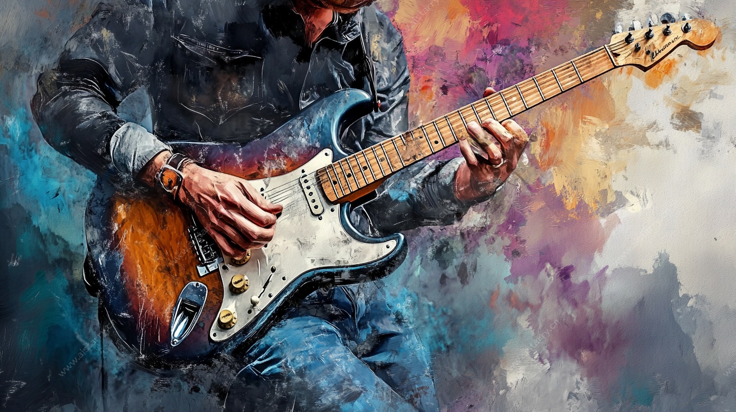 水彩风格弹电吉他的音乐人