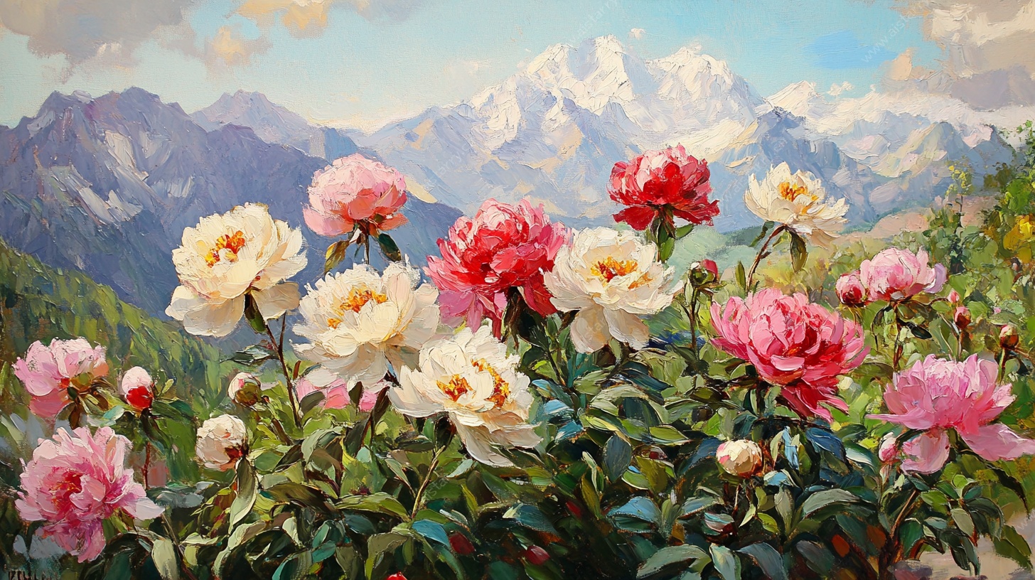 山间绽放的多彩芍药花